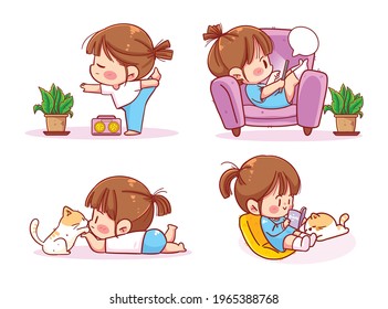 Cute Girl reading book doing yoga quarantine due to coronavirus home activities Stay home concept cartoon art illustration