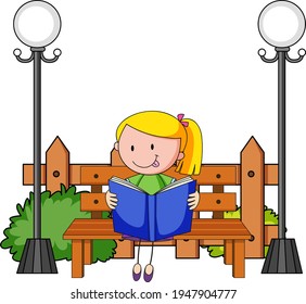 Cute girl reading book doodle cartoon character with park elements illustration