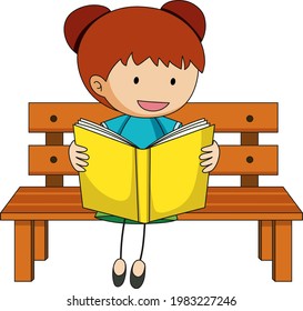 Cute girl reading book doodle cartoon character illustration