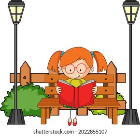 Cute girl reading book doodle cartoon character with park elements illustration