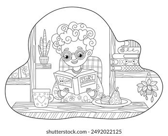 Cute girl reading a book. Doodle anti-stress coloring book for adults and children. Vector illustration.