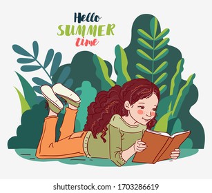 Cute girl reading a book in the garden. Nature landscape background. Summer holidays illustration. Vacation time