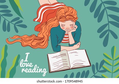 Cute girl reading a book in the garden. Nature landscape background. Summer holidays illustration. Vacation time