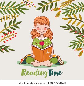Cute girl reading a book in the garden. Nature landscape background. Summer holidays illustration. Vacation tim