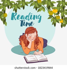 Cute girl reading a book in the garden. Nature landscape background. Summer holidays illustration. Vacation time stock