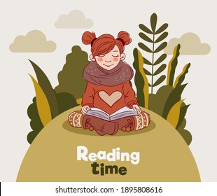 Cute girl reading a book in the garden. Nature landscape background
