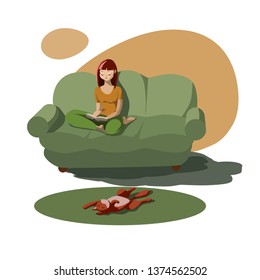 Cute girl reading a book on the couch. A cat in a funny pose is sleeping on a rug. Cartoon character in a flat style. Vector illustration