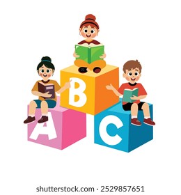 cute girl reading a book on letter blocks. Studying and knowledge concept. illustrations, vectors