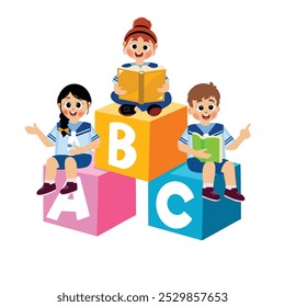 cute girl reading a book on letter blocks. Studying and knowledge concept. illustrations, vectors