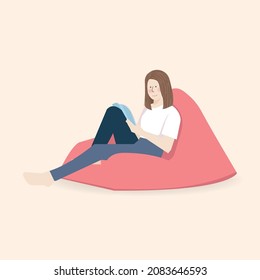 cute girl reading a book relaxing in a bean bag illustration