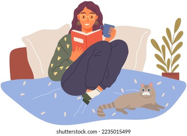 Cute girl reading book and resting with cat and coffee. Feminine Daily life and everyday routine scene by young relaxed woman comfortable sitting on her bed in home interior with homeplants