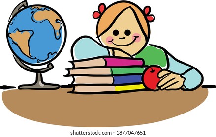 Cute girl reading book and sitting near a stack of books. Pretty little schoolgirl. stock illustration
