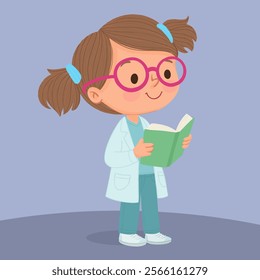 Cute girl reading a book. Smart girl reads a textbook.