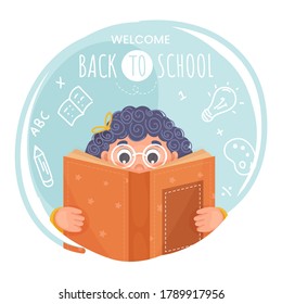 Cute Girl Reading a Book with Supplies Elements on Abstract Blue and White Background for Welcome Back To School Concept.