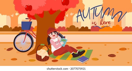 Cute girl reading book under apple tree in garden , cartoon character, flat vector illustration