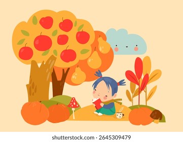 Cute girl reading book under apple tree in autumn garden. Vector Illustration