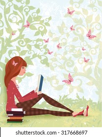 Cute girl is reading a book under tree with the stack of books. spring forest with butterflies 