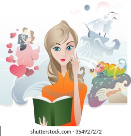 Cute Girl reading a Book. The vector illustration of the Girl with the Book. Book Cover. Reading Literature