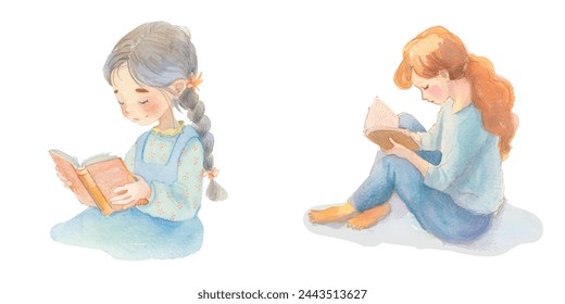 cute girl reading a book waterolour vector illustration 