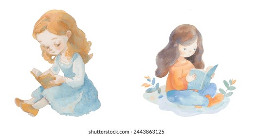 cute girl reading a book waterolour vector illustration 