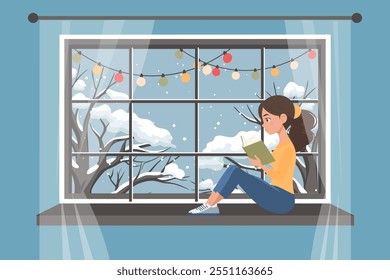 Cute girl reading book at the winter window. New Year and Christmas background. Cozy winter illustration for bookshop, library, bookstore.