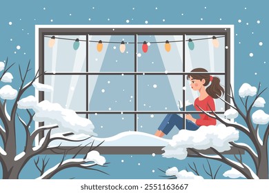 Cute girl reading book at the winter window. New Year and Christmas background. Cozy winter illustration for bookshop, library, bookstore.