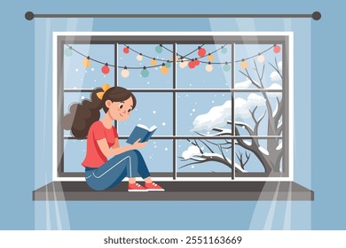 Cute girl reading book at the winter window. New Year and Christmas background. Cozy winter illustration for bookshop, library, bookstore.