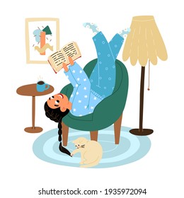 Cute girl reading a book. Young woman enjoys home pastime, she sits or lies upside down on a chair, cat plays with her hair. Vector isolated cartoon illustration