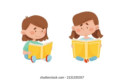 Cute girl reading books set. Elementary school students with books. Kids education cartoon vector illustration