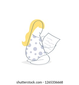 Cute girl reading letter, newspaper, text on page, hand drawn line style vector doodle design illustration.