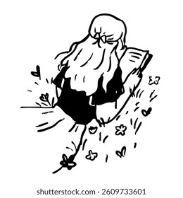 Cute girl reading in the meadows. Hand drawn vector outline doodle 