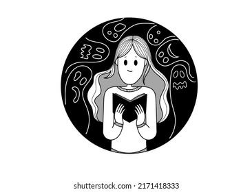 Cute Girl Is Reading A Scary Book. Vector Contour Flat Illustration In A Circle.	