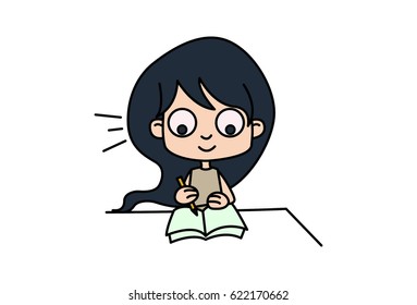 Cute Girl Reading. Vector Illustration. Isolated on white background.