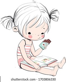 cute girl reads a book and eats chocolate