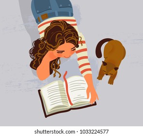 Cute girl reads a book. Young woman with cat