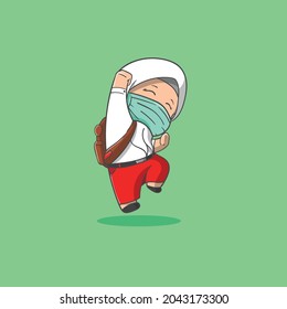cute girl ready back to school wearing mask and jumping vector icon illustration. Available for T-shirts and other merchandise.