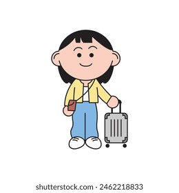 una chica linda está lista para su viaje en solitario. Ella está de pie con su equipaje. ilustración de personaje de estilo de dibujos animados.  