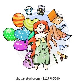 Cute girl ready to School. Vector illustration for books, prints, posters, cards.
