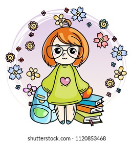 Cute girl ready to School. Vector illustration for books, prints, posters, cards.