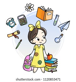Cute girl ready to School. Vector illustration for books, prints, posters, cards.