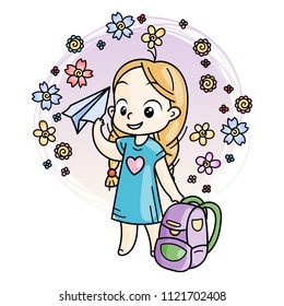 Cute girl ready to School. Vector illustration for books, prints, posters, cards.
