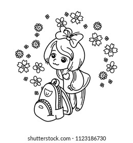 Cute girl ready to School. Vector illustration for books, prints, posters, cards. Coloring page