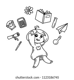 Cute girl ready to School. Vector illustration for books, prints, posters, cards. Coloring page
