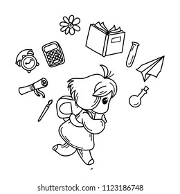 Cute girl ready to School. Vector illustration for books, prints, posters, cards. Coloring page
