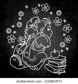 Cute girl ready to School. Vector illustration for books, prints, posters, cards. Chalk cartoon on a blackboard.