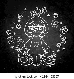 Cute girl ready to School. Vector illustration for books, prints, posters, cards. Chalk cartoon on a blackboard.