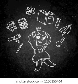 Cute girl ready to School. Vector illustration for books, prints, posters, cards. Chalk cartoon on a blackboard.