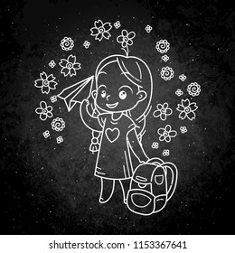 Cute girl ready to School. Vector illustration for books, prints, posters, cards. Chalk cartoon on a blackboard.