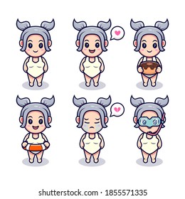 Cute Girl Ready to Swim with Different Expressions Set Cartoon Vector Icon Illustration. Flat Cartoon Style Suitable for Story Book, Flyer, Sticker, Card