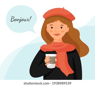 Cute girl in a red beret with cup of coffee. Parisian style woman. Girl with cloud for text. Translation of text: "hello!". Vector flat illustration.